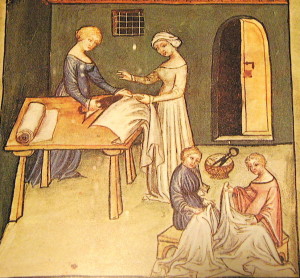 Four women sewing linen clothes. From The Tacuinum Sanitas of Vienna, Late 14th century. Public domain in the US