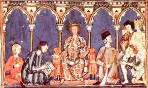 Alfonso X "El Sabio" and his Court, 13th Century. Public domain in the US.
