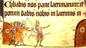 Archery practice at earthen butts, c1325. The center markers are small wreaths. Detail from the Geoffrey Luttrell psalter. Public Domain in the United States