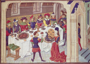 A roasted peacock dressed with its feathers is served at a banquet, miniature of a manuscript of The Romance of Alexander the Great ("The Vows of the Peacock")