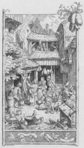 A butcher slaughters a pig while a lot of people watch. Below the scene, 6 little house elves struggle to carry sausages.