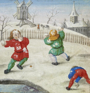 In the foreground, 3 people are having a snowball fight. In the background is a windmill and a church.