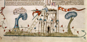 Bas-de-page scene of a man falling from a ladder as he is hit by a woman wielding a sword as he attacks a castle
