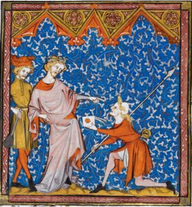 Against a blue background with silver diapering, two men wearing crowns accept something from a third man kneeling before them.