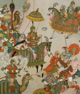 The Mogul is represented with all the attributes of the ruler, especially the parasol, carried over him. He is wearing a silk jacket, short sleeved, and a round shaped skirt, with ornamental design and large metal button-plate on his chest. The jacket is padded to protect against arrows and his knees are also protected by metal plates. In his right hand, he is holding one of the offensive weapons of the time, a spear, with ends being finished with decorated metal, on the left side he wears a saber and on his belt, a quiver with feather arrows is attached. The soldier behind him carries a hammer like weapon, which could also be a heavy wood club, he is holding it with both his hands, indicating the heaviness of the weapon. The mogul's horse is entirely protected with armor of overlapped blades. An interesting feature is that he does not wear the rider's boots but his personal slippers. Another interesting feature of this painting is the lack of elephants in his army. Before the ruler, we see a number of infantrymen who proceed him and by shouting create the necessary room for him to pass.